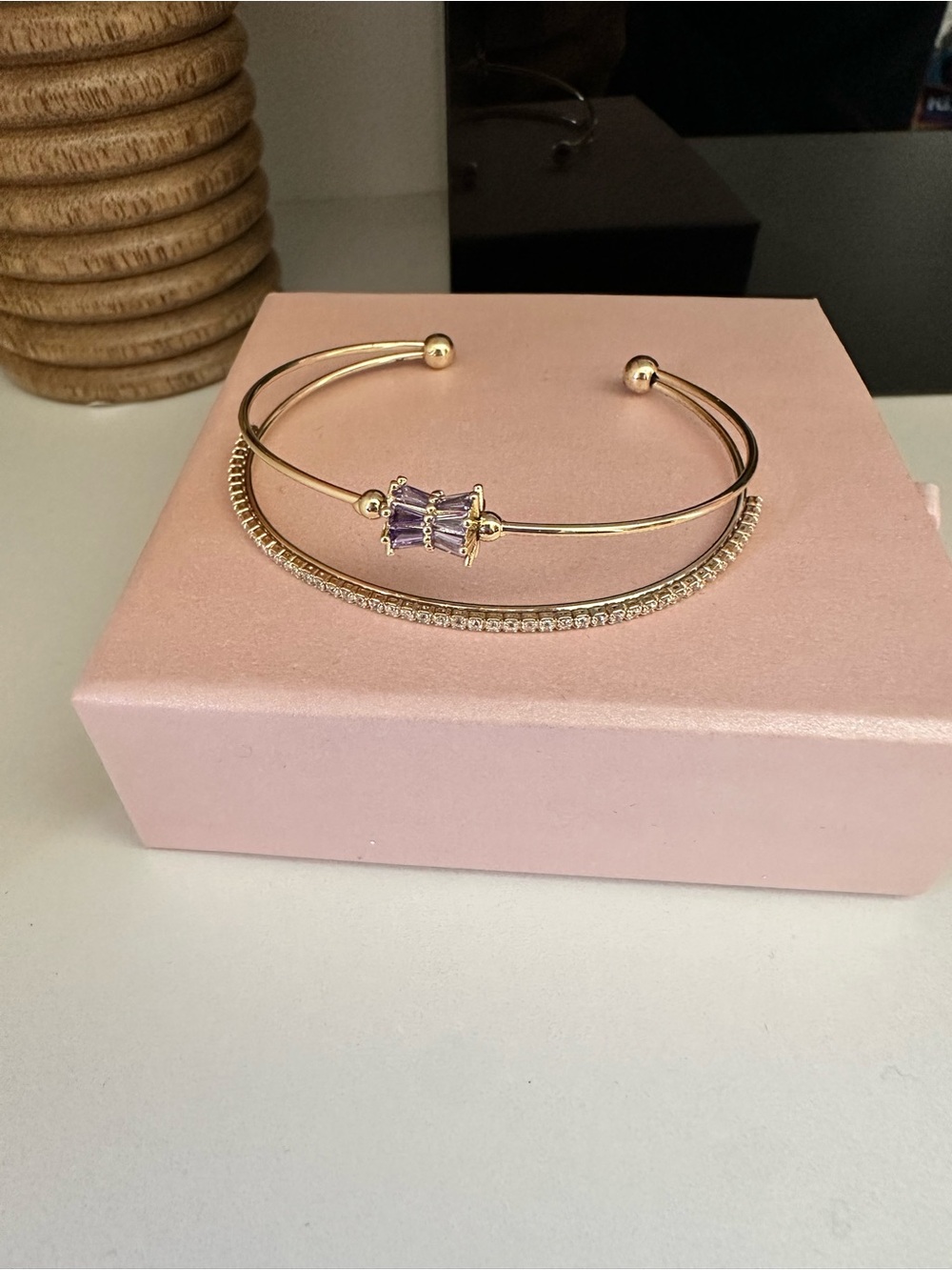 Gold-Tone Adjustable Bangle Bracelet with Purple Gem Accent